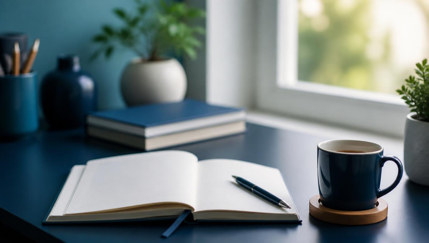 A calm, organized workspace with a notebook and coffee bathed in soft natural light